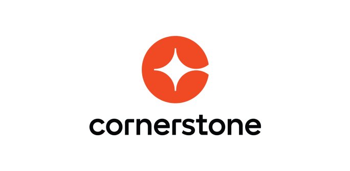 Logo featuring an orange circular design above the word cornerstone in black lowercase letters.