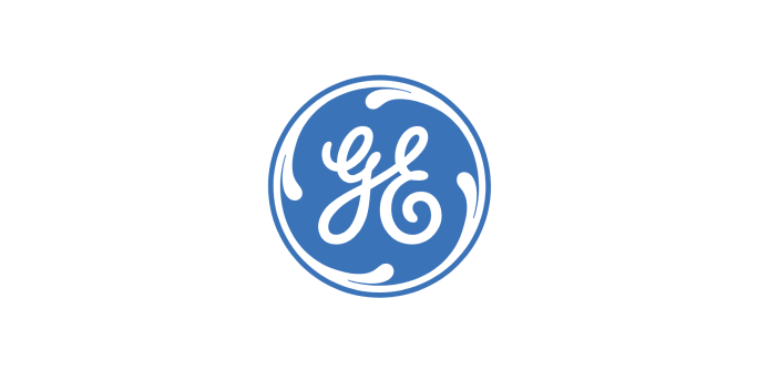 Logo for General Electric, featuring stylized white letters GE in a blue circle.