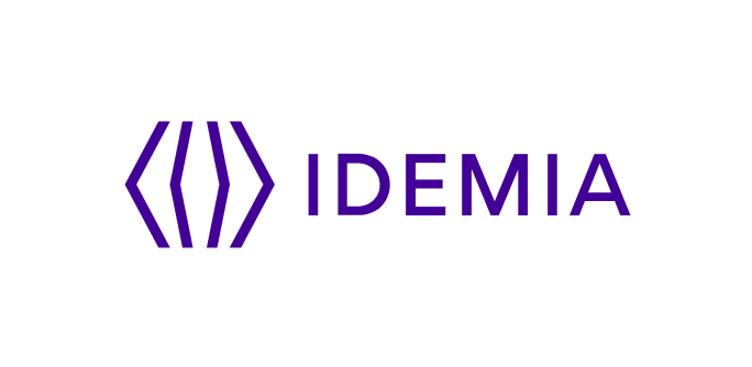 IDEMIA logo featuring purple geometric lines forming a hexagon shape beside the company name in purple text on a white background.