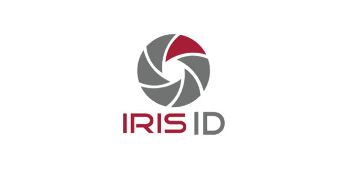 Logo of IRIS ID featuring a stylized camera shutter design with alternating gray and red segments above the text IRIS ID.