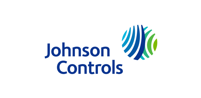 Logo of Johnson Controls with blue and green abstract globe design next to the company name in blue text.