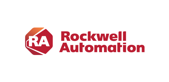 Rockwell Automation logo featuring a red hexagon with RA inside, next to the company name in red text.