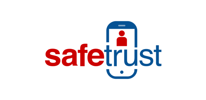 Logo with the word safetrust where safe is red and trust is blue, featuring a smartphone icon with a person silhouette in the o.