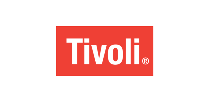 Red rectangle with the word Tivoli in white, featuring a registered trademark symbol.