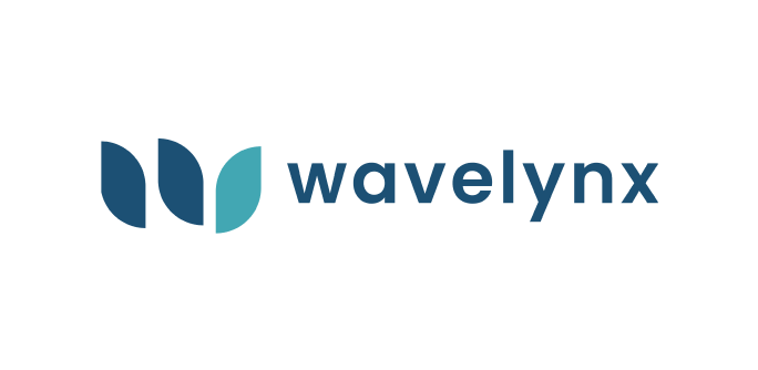 Logo with three stylized, overlapping shapes in navy and teal followed by the word wavelynx in lowercase blue letters.