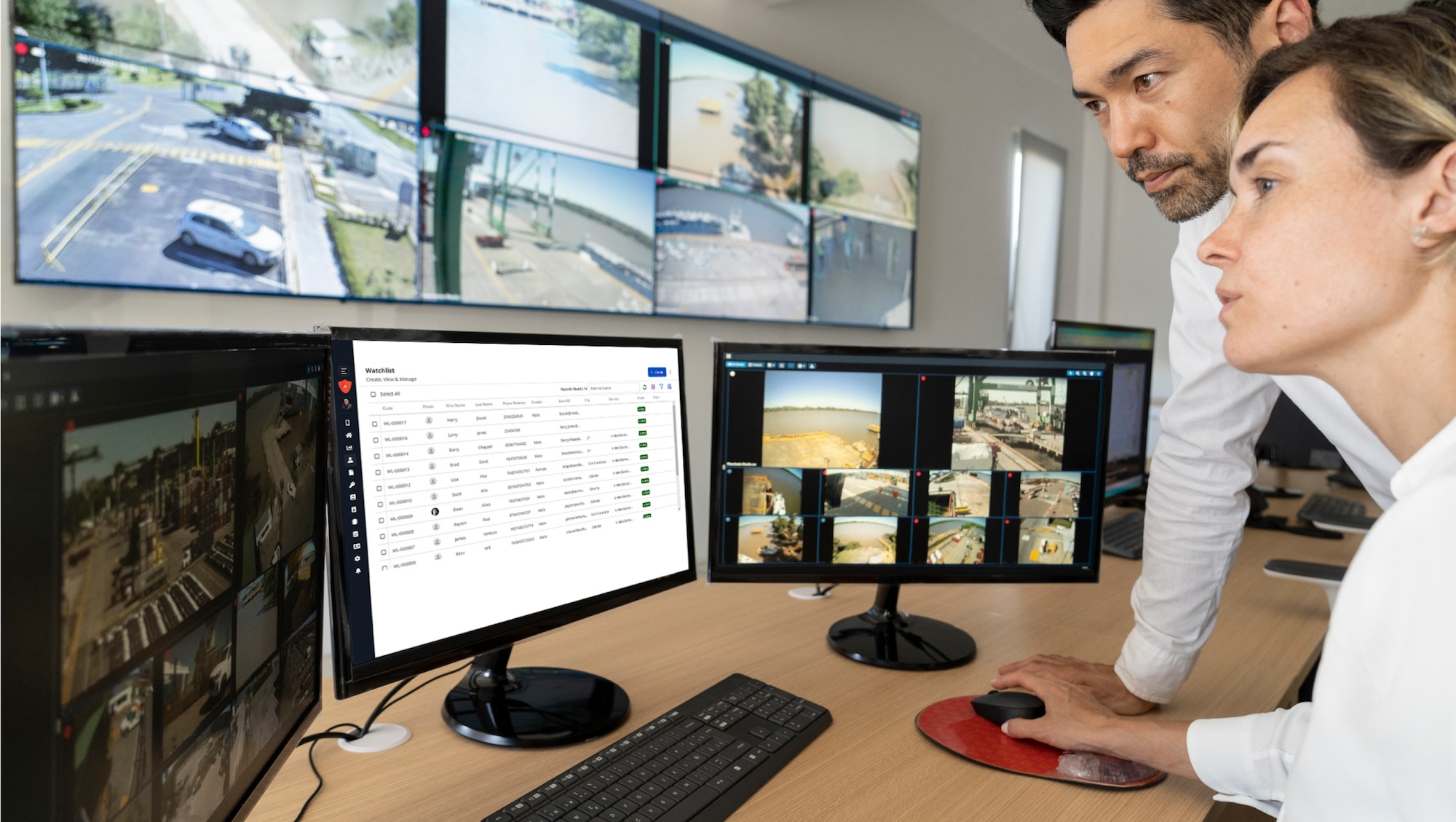 Two people looking at security footage on computer.